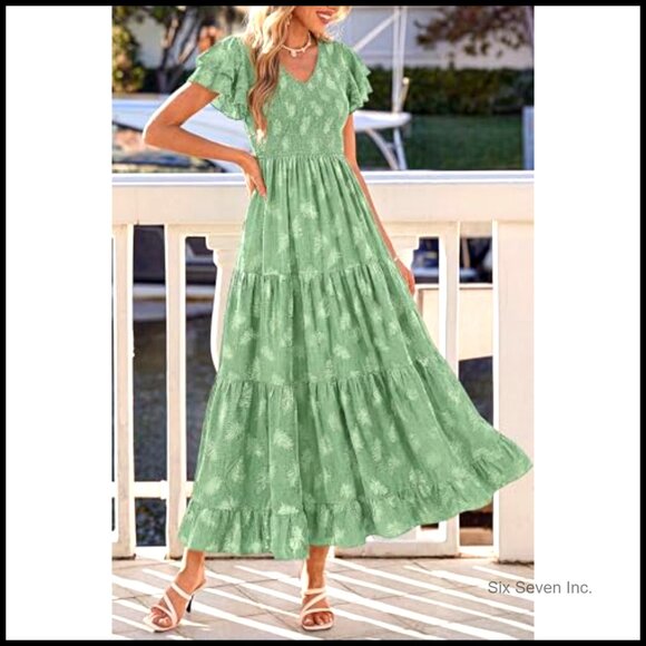 Soft Polyester Maxi Dress with Ruffle Sleeves, V Neck, Smocked Bodice, Pockets - Picture 4 of 7